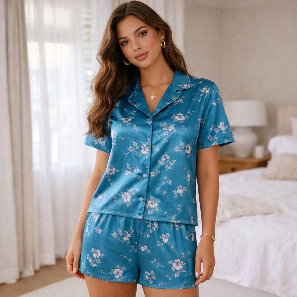 Vintage Inspired Teal Satin Floral Pajama Set Silky Sleepwear Cottagecore Retro